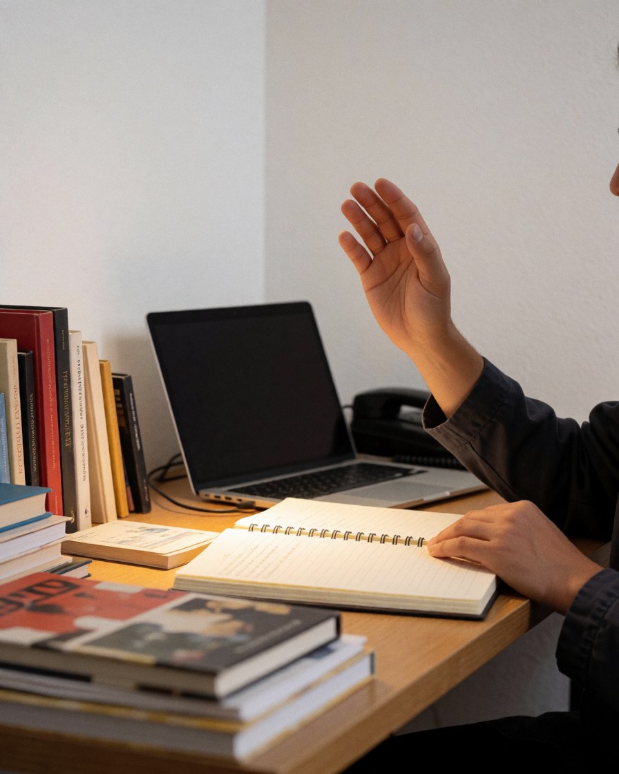 Une main levée dans une classe d'écriture, avec un cahier ouvert et des livres posés sur une table en bois.