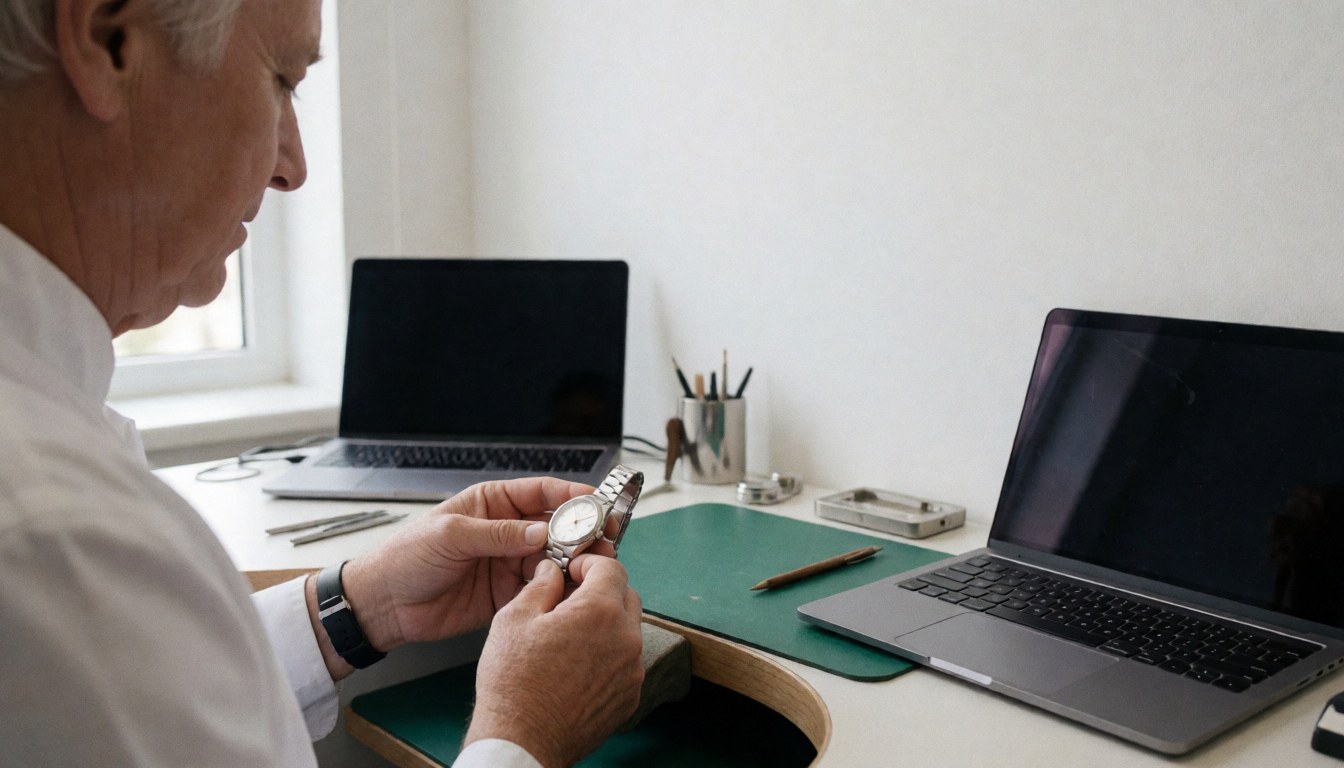 Un horloger ajuste un bracelet de montre dans un atelier professionnel. On voit des tables propres, des outils et un ordinateur portable, dans un environnement ordonné et lumineux.