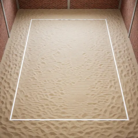 Terrain de volley-ball intérieur avec sol en sable beige et lignes blanches, murs en briques rouges, vue de dessus pour fond de texte.