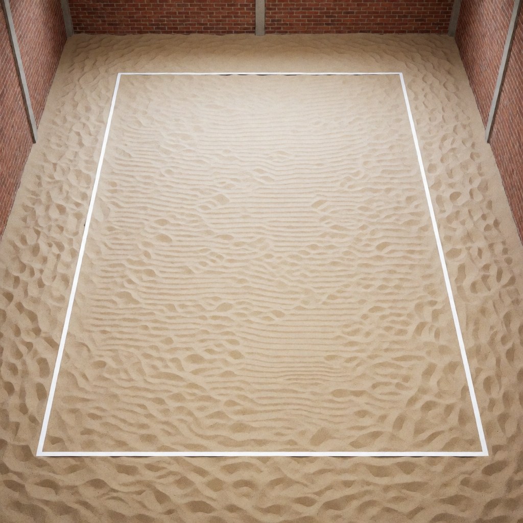 Terrain de volley-ball intérieur avec sol en sable beige et lignes blanches, murs en briques rouges, vue de dessus pour fond de texte.