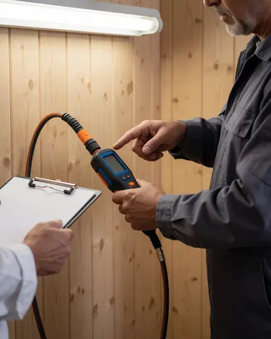 Un mécanicien professionnel montre à un client tenant un porte-documents les résultats d'un test de détection de fuite dans un atelier aux murs en bois.