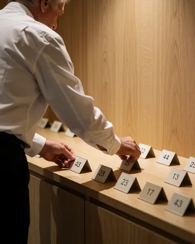 Un professionnel place des marqueurs de places sur les sièges d'un théâtre aux murs en bois clair, préparant la salle pour un événement à venir.