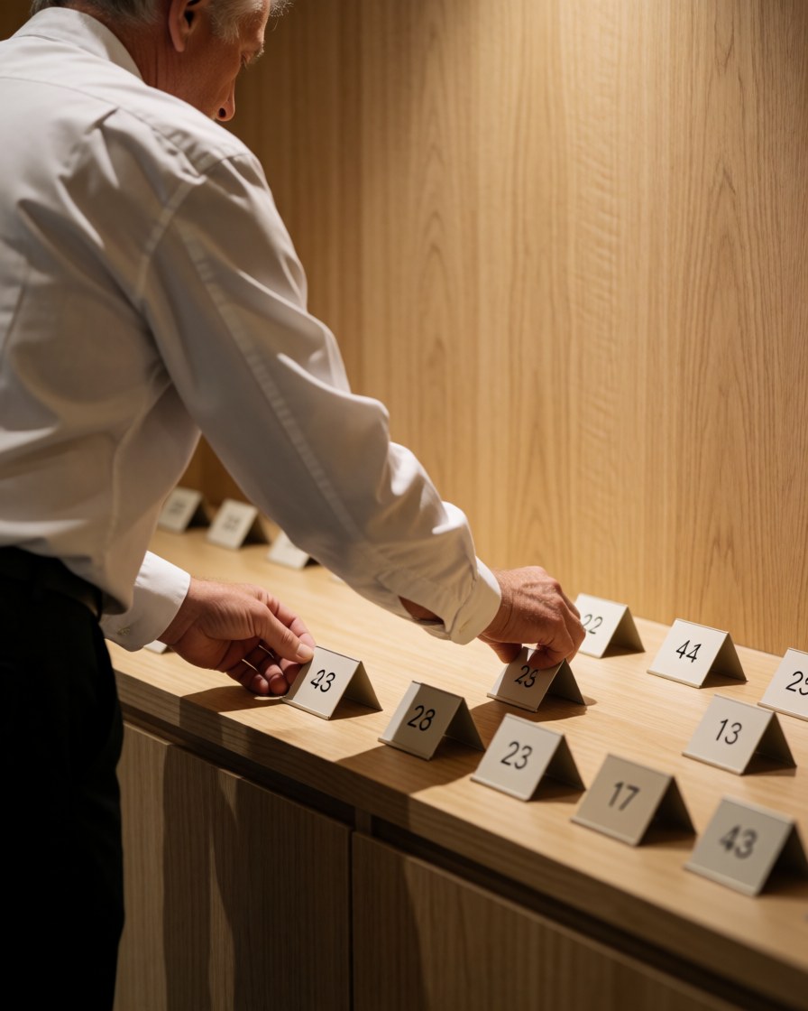 Un professionnel place des marqueurs de places sur les sièges d'un théâtre aux murs en bois clair, préparant la salle pour un événement à venir.
