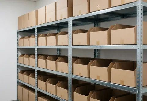 Étagère métallique contenant des cartons dans un atelier de réparation d'imprimères, sur fond blanc et bien rangé.