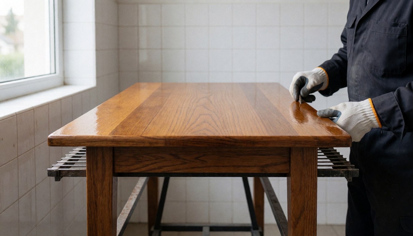 Table en bois à finition brillante dans un atelier de réparation, avec des murs carrelés et une lumière naturelle.
