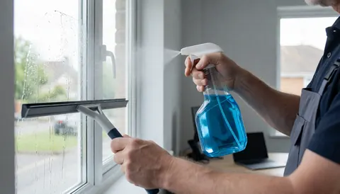 Un agent de nettoyage professionnel vaporise une fenêtre avec un liquide bleu et utilise une raclette pour essuyer, dans un bureau aux murs gris clair.