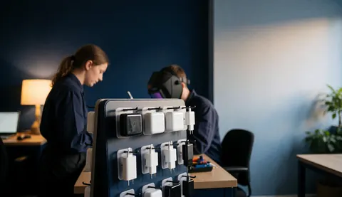Support contenant des chargeurs usb-c dans un atelier de réparation de téléphones, avec des techniciens travaillant en arrière-plan sous un éclairage chaud.