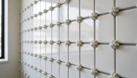 Mur de carreaux blancs avec des espacements plastiques visibles, reflets de lumière naturelle, idéal pour un carrelage professionnel.