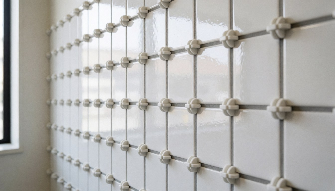 Mur de carreaux blancs avec des espacements plastiques visibles, reflets de lumière naturelle, idéal pour un carrelage professionnel.