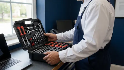 Un technicien en tablier examine des outils sur une table de travail devant un mur bleu, évoquant les services de réparation de téléphones.