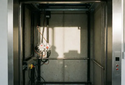 Intérieur du puits d'un ascenseur montrant des murs en béton, des interrupteurs de sécurité et une structure métallique, pertinent pour les services de réparation.
