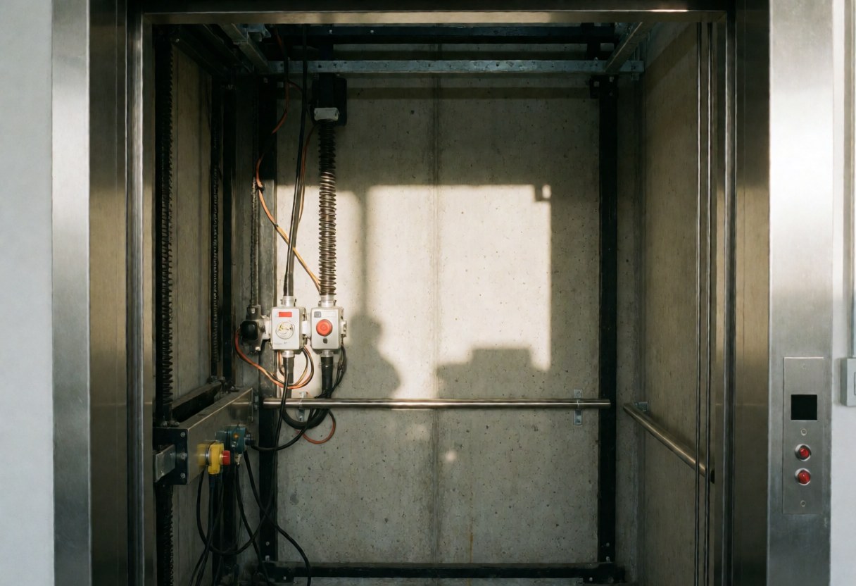 Intérieur du puits d'un ascenseur montrant des murs en béton, des interrupteurs de sécurité et une structure métallique, pertinent pour les services de réparation.