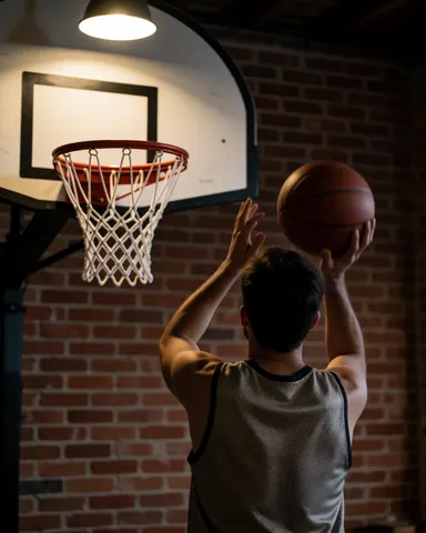 Vue arrière d'un joueur lançant un ballon de basket sur un terrain intérieur avec un mur de briques et un panier en premier plan.