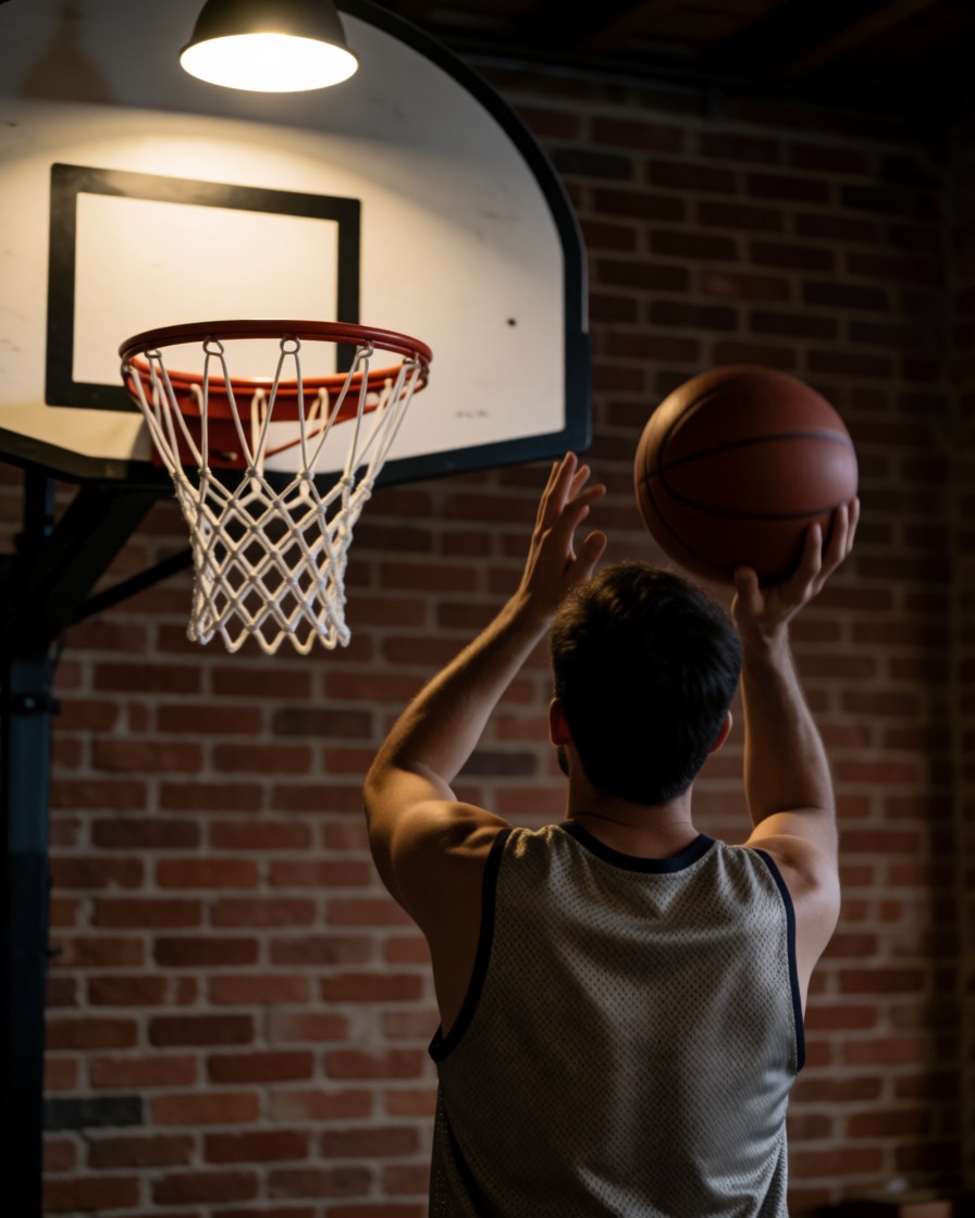Vue arrière d'un joueur lançant un ballon de basket sur un terrain intérieur avec un mur de briques et un panier en premier plan.
