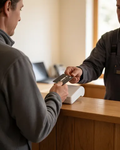 Une cliente paie avec une carte bancaire sur un comptoir en bois dans un refuge de montagne à l'intérieur chaleureux et naturel.