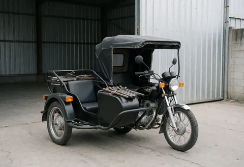 Moto-taxi avec sidecar rempli d'outils, stationné devant un entrepôt industriel aux murs en tôle ondulée sous une lumière diffuse.