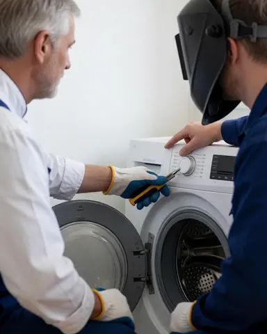 Un technicien en casque de soudage répare une laveuse blanche dans une cuisine aux murs blancs avec des outils.