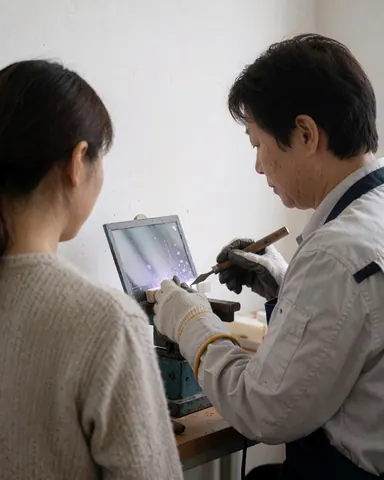 Un artiste sculpte du métal avec un outil dans un atelier pendant qu'un client observe le travail manuel détaillé.