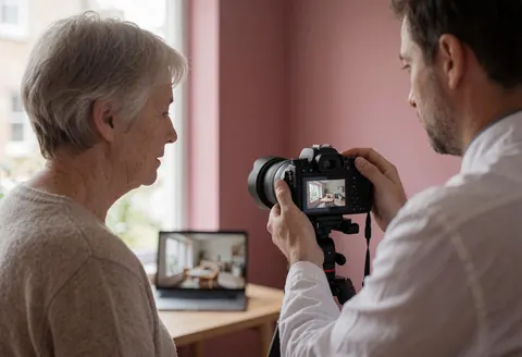 Un photographe macro ajuste son appareil pendant qu'un client observe l'image sur l'écran, avec un mur rose et du matériel visible en arrière-plan.