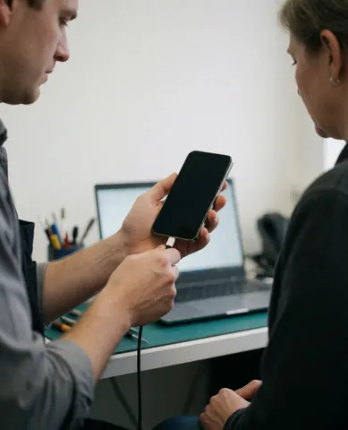 Un technicien connecte un câble de charge à un smartphone sur une table de travail pendant qu'un client observe la scène de réparation en atelier.