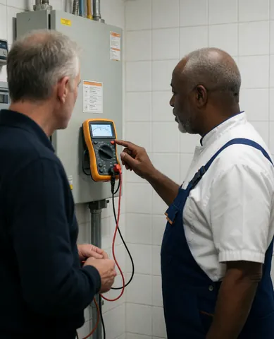 Un technicien utilise un multimètre pour mesurer le voltage sur un équipement industriel tandis qu'un client observe attentivement dans une pièce aux murs carrelés.