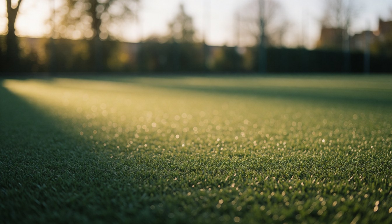 Champ de football en gazon synthétique baigné d'une lumière dorée de fin de journée, servant de fond neutre et professionnel pour des contenus liés au coaching sportif.