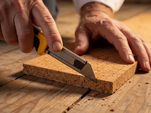 Main utilisant un couteau pour couper un sol en liège posé sur des planches de bois, éclairage chaleureux et détail de l'installation.