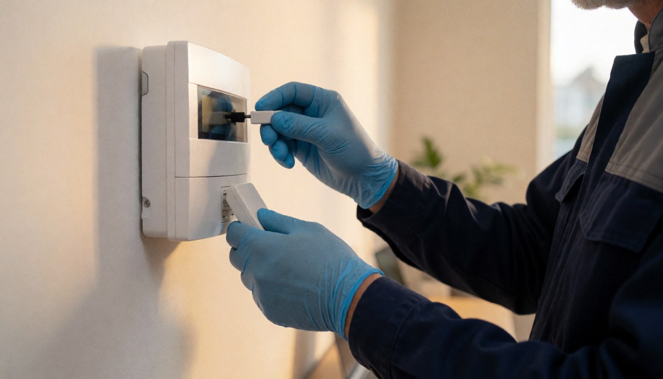 Un technicien en gants bleus branche un module sur un panneau d'alarme blanc fixé au mur d'un bureau, éclairage chaud, service de réparation en cours.
