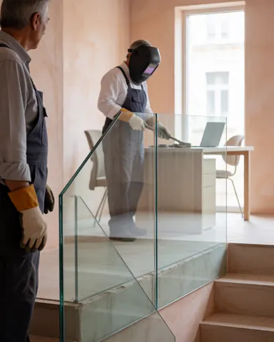 Un professionnel installe une rambarde en verre sur un escalier intérieur, sous une lumière naturelle, avec des murs clairs en plâtre.