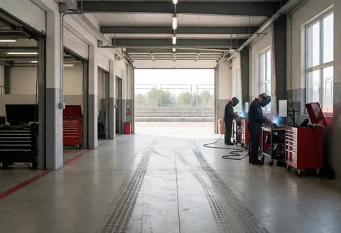 Deux mécaniciens effectuent des travaux de soudure dans un garage automobile, entourés d'outils rouges et de traces de pneus sur le sol.