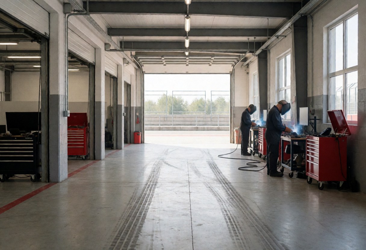 Deux mécaniciens effectuent des travaux de soudure dans un garage automobile, entourés d'outils rouges et de traces de pneus sur le sol.