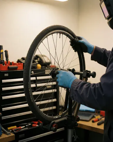 Mécanicien portant des gants bleus ajuste une roue de vélo sur un support, devant une boîte à outils et une lumière chaude en atelier.
