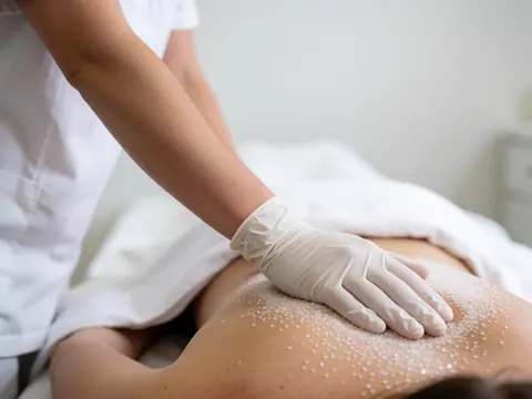 Une main portant un gant applique du gros sel sur le dos d'un client allongé sur une table de massage blanche.