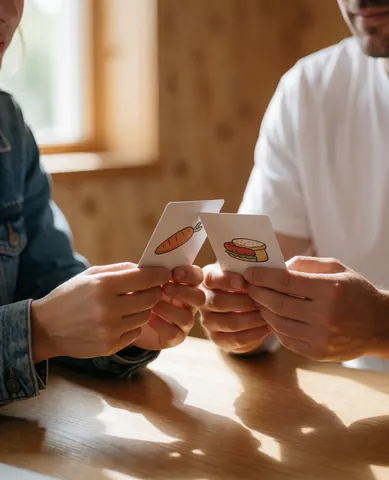 Deux personnes échangent des cartes avec des illustrations de nourriture lors d'un cours d'espagnol, dans un cadre lumineux aux murs en bois.