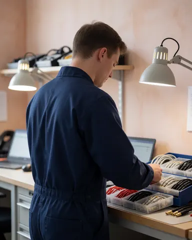 Un technicien organise des connecteurs et des adaptateurs sur une table de travail éclairée, préparant l'équipement pour l'installation d'antennes.
