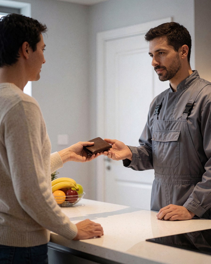 Une cliente remet de l'argent à un technicien en combinaison dans une cuisine moderne avec un bol de fruit et une porte fermée en arrière-plan.