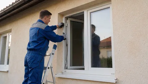 Un technicien en uniforme bleu pose une fenêtre blanche sur la façade en enduit d'une maison, aidé d'une échelle en aluminium.
