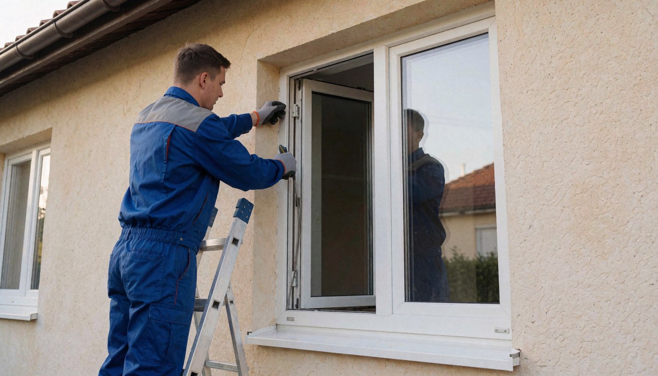 Un technicien en uniforme bleu pose une fenêtre blanche sur la façade en enduit d'une maison, aidé d'une échelle en aluminium.