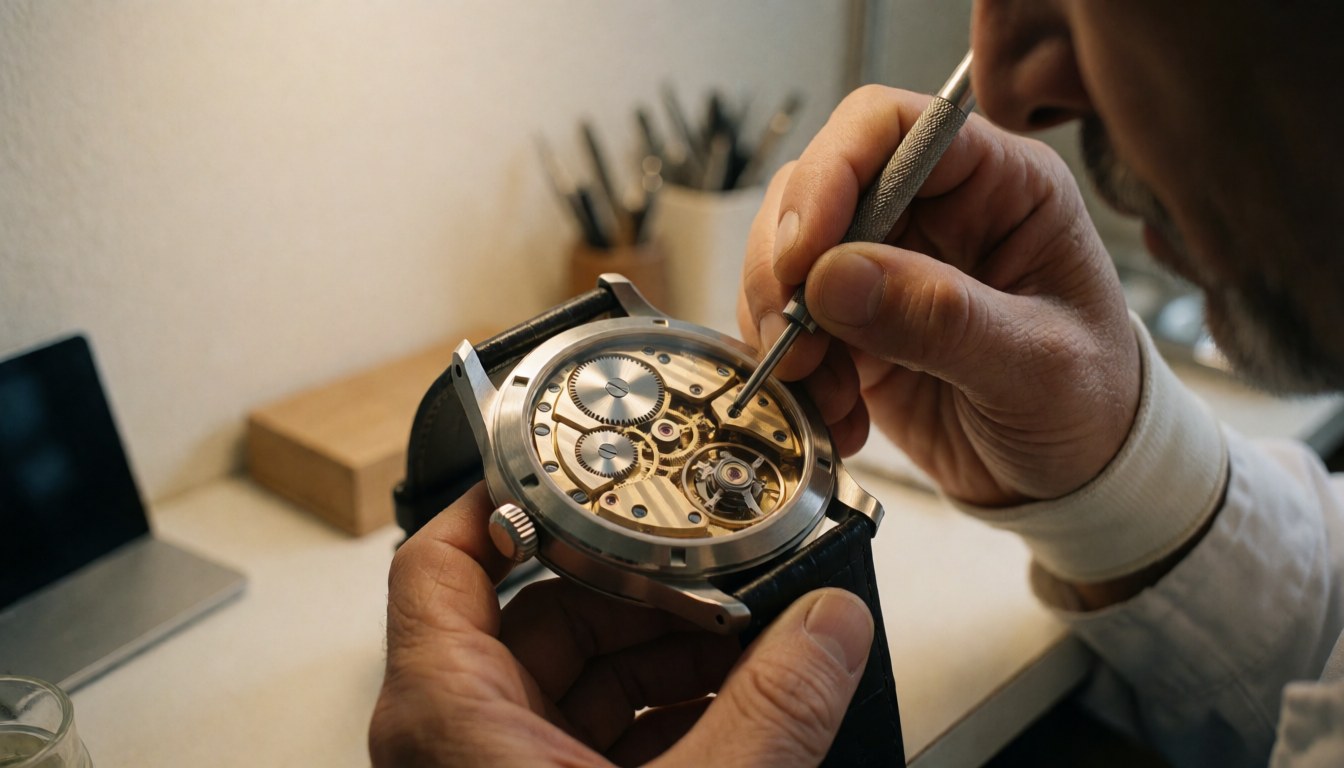 Un horloger ajuste une montre mécanique à l'aide d'un outil de précision dans un atelier bien éclairé, mettant en évidence les détails du mouvement.