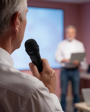 Personne tenant un microphone sans fil sur une scène professionnelle avec des murs roses et une lumière bleue douce