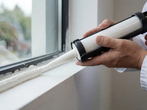 Mains appliquant du mastic blanc sur un encadrement de fenêtre baigné de lumière naturelle, détail de finition pour travaux de construction et de réparation.