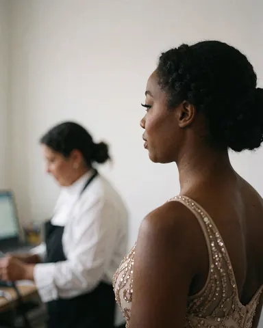 Une cliente souriante porte une robe à paillettes et un maquillage vibrant. Une professionnelle en tablier est visible en arrière-plan dans un salon de beauté lumineux.