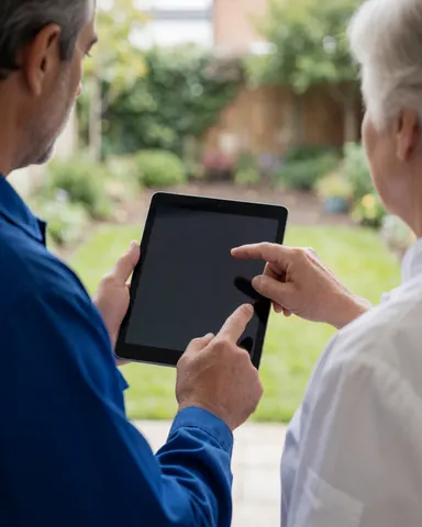 Un installateur de piscinas montre des plans sur une tablette à un client dans son jardin, avec un fond flou.