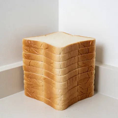 Pain blanc frais coupé en tranches régulières empilé sur un plan de travail blanc avec des murs blancs en arrière-plan, idéal pour une boulangerie.
