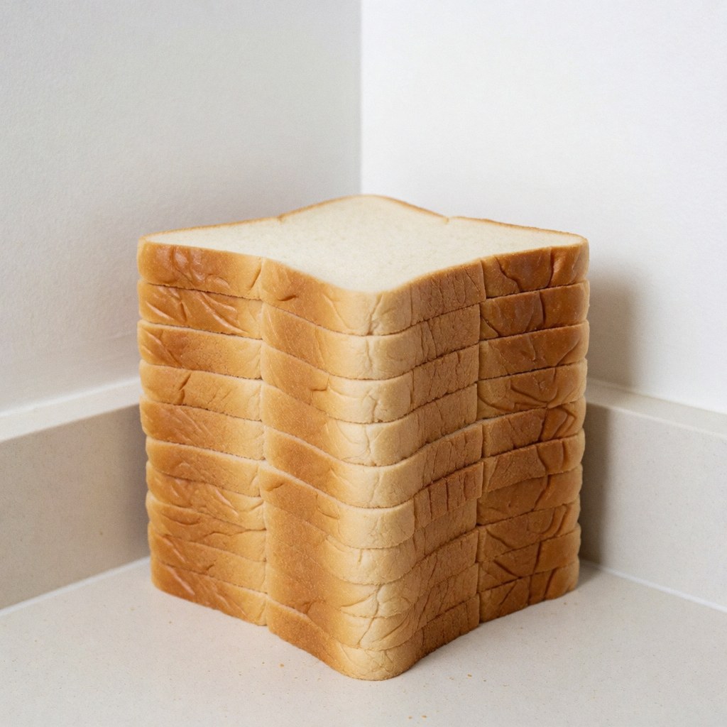 Pain blanc frais coupé en tranches régulières empilé sur un plan de travail blanc avec des murs blancs en arrière-plan, idéal pour une boulangerie.