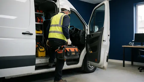 Technicien en réparation de toitures portant un casque et un gilet de sécurité, sortant une mallette d'outils de sa camionnette blanche dans un atelier aux murs bleus.