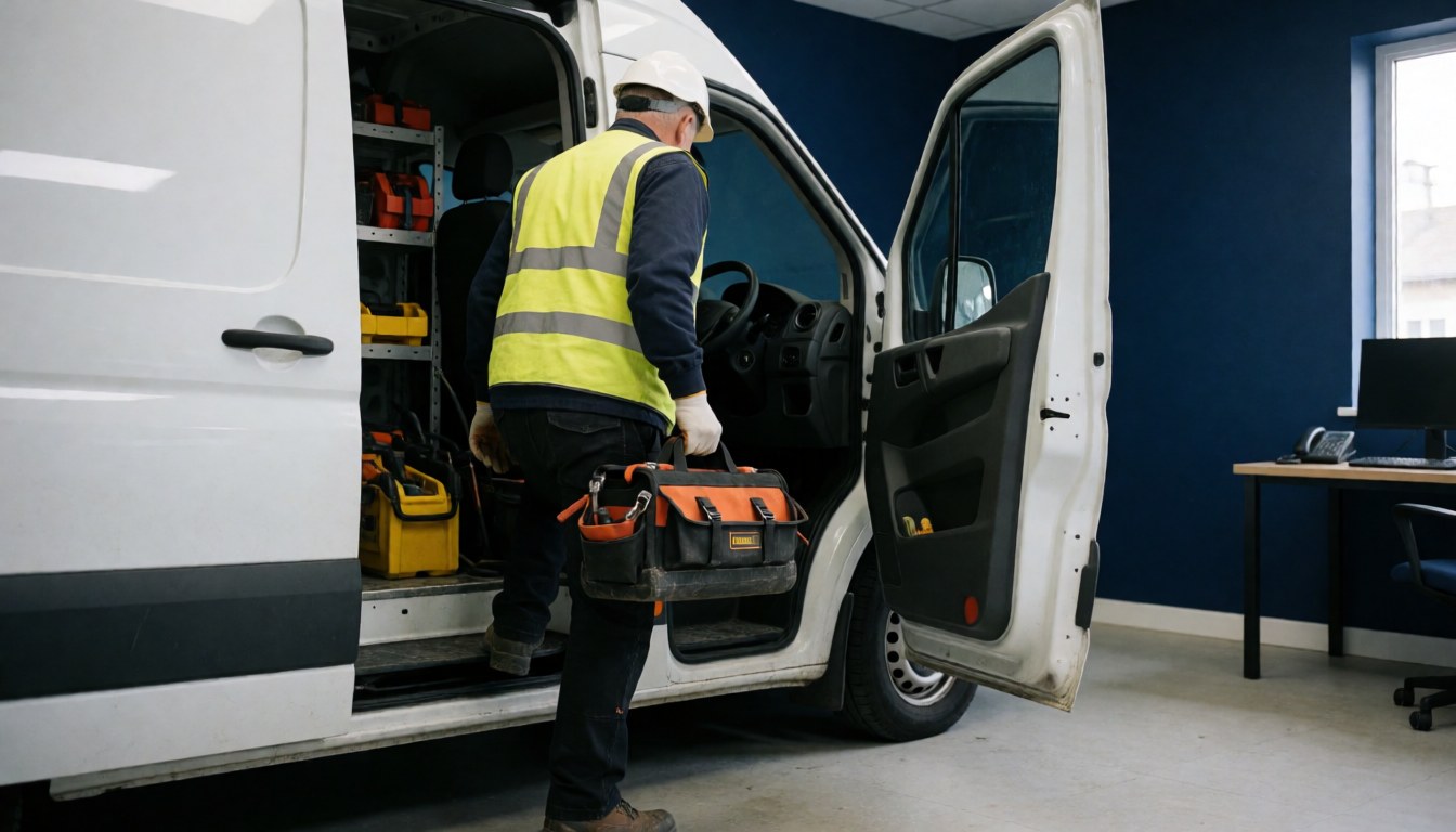 Technicien en réparation de toitures portant un casque et un gilet de sécurité, sortant une mallette d'outils de sa camionnette blanche dans un atelier aux murs bleus.