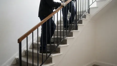 Un ouvrier portant des gants effectue une réparation sur une rampe métallique d'escalier intérieur aux murs blancs, illustrant un service de maintenance en cours.