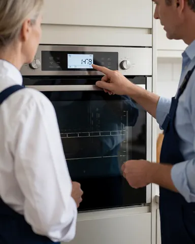 Un technicien explique à un client la lecture numérique du four dans une cuisine moderne et propre, illustrant un service de réparation professionnel.