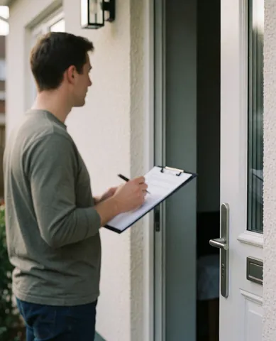 Une cliente tient un classeur et un stylo, vérifiant des informations devant la porte d'entrée de son domicile, illustrant un service de rénovation ou d'isolation.
